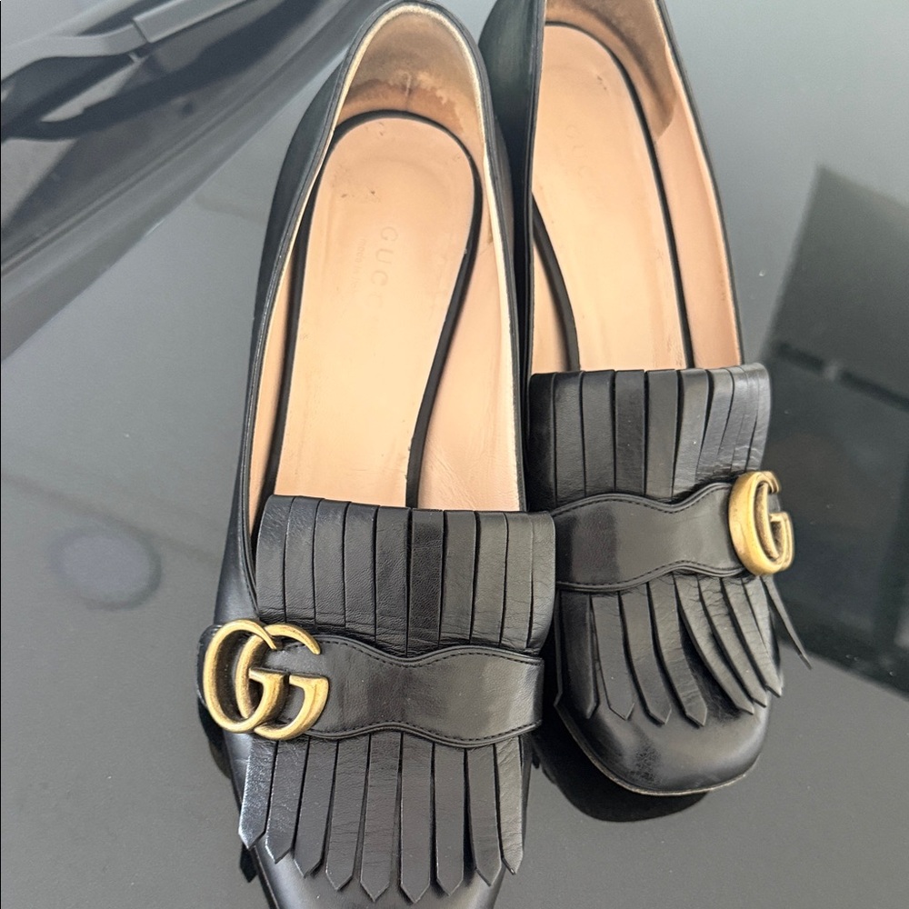 Gucci Black Leather Loafers with Gold GG Logo